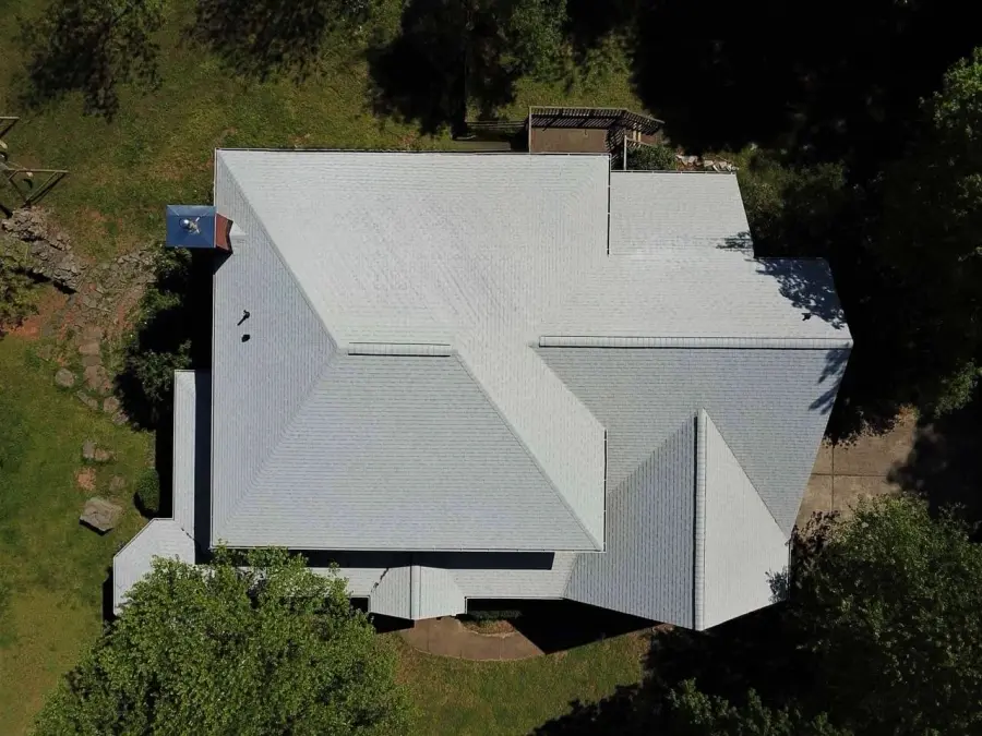 Drone aerial of a large multi-hip shingle roof